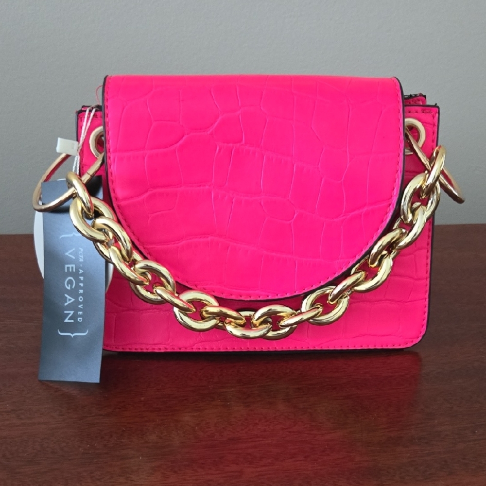 Vegan Hot Pink Croc-Embossed Chain Shoulder Bag
